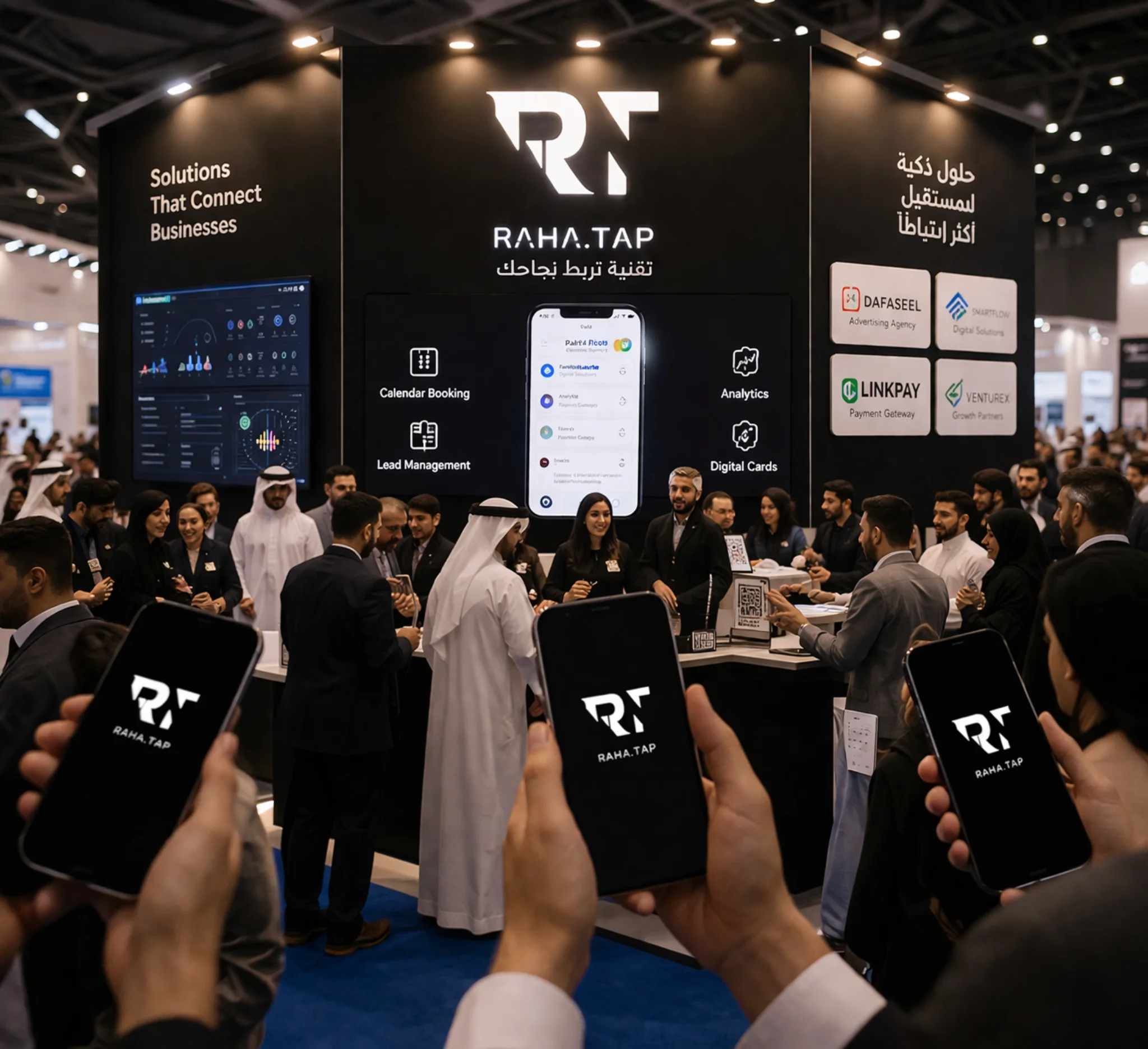 RahaTap exhibition booth — Calendar Booking, Lead Management, Analytics, Digital Cards