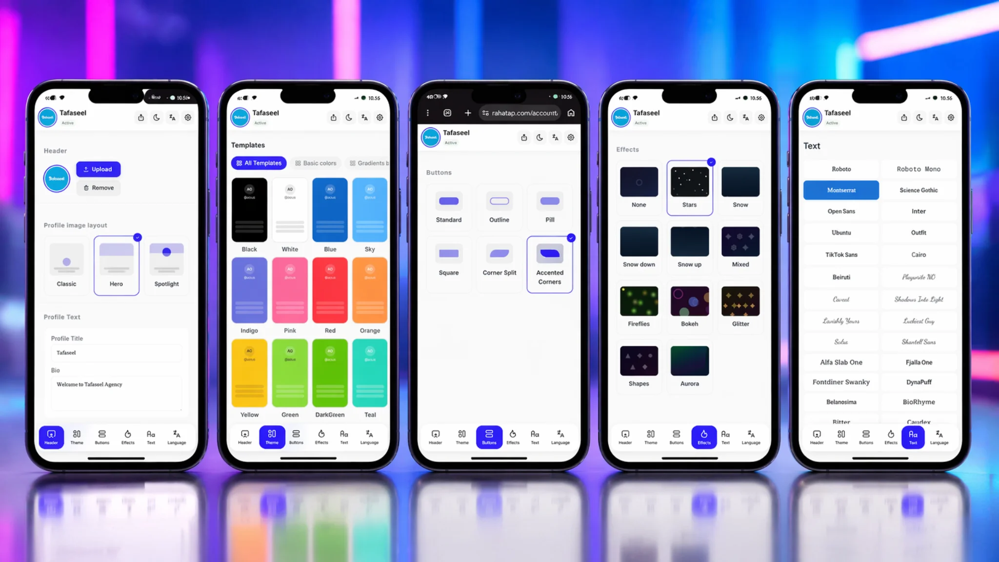 RahaTap profile customization — themes, buttons, effects, and fonts